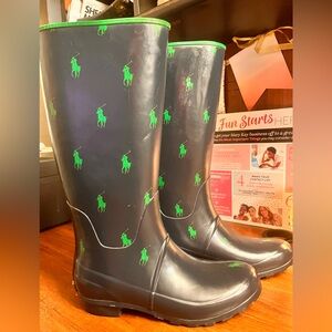 Ralph Lauren Black Rain Boots with Neon Green Polo Logos